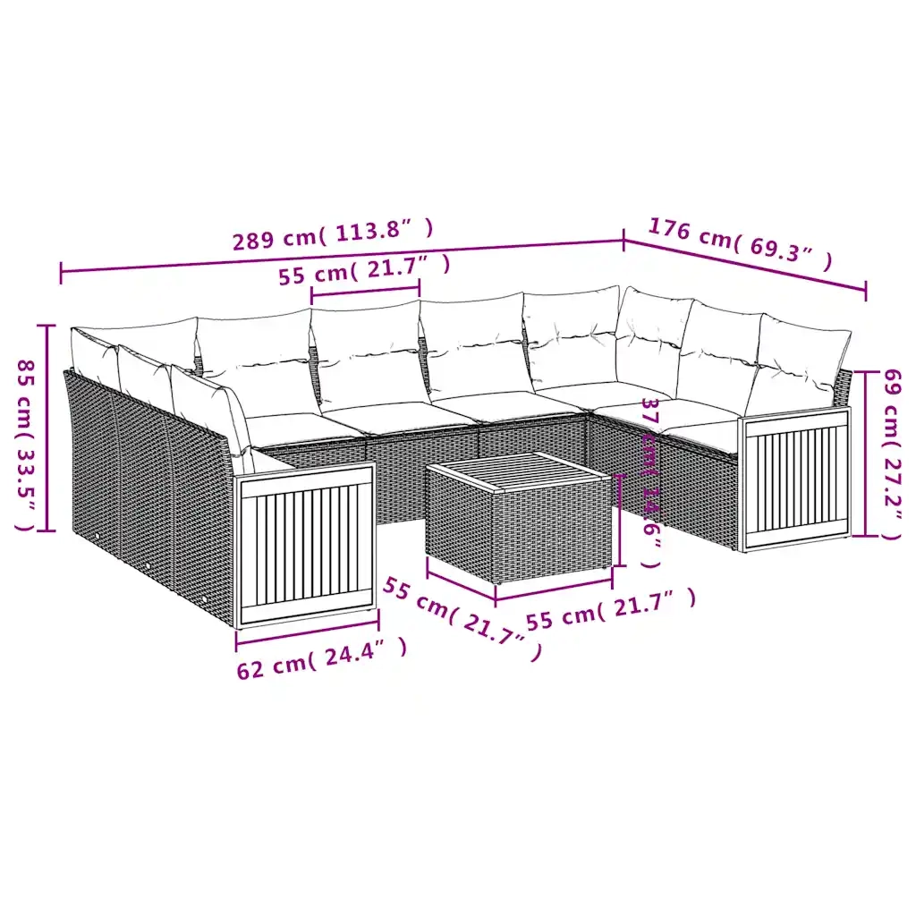 Set Divani da Giardino 10 pz con Cuscini Nero in Polyrattan 3227961