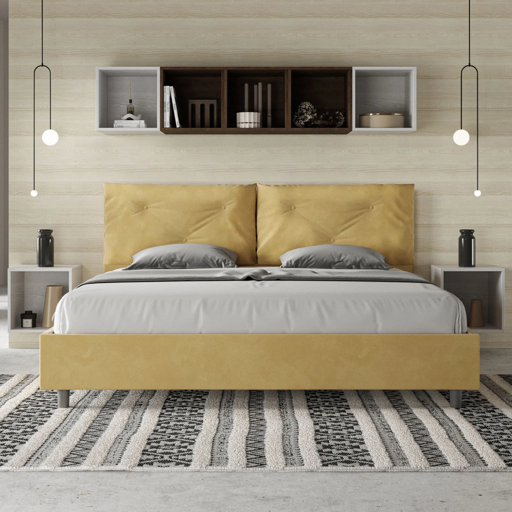 BS COM Letto matrimoniale king size con rete imbottito 200x200 microfibra ocra