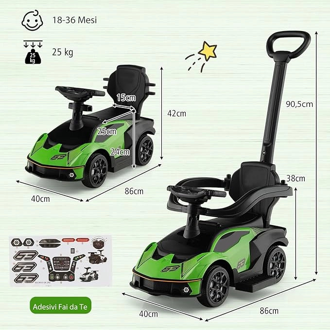 3 in 1 Lamborghini Auto a Spinta per Bambini, Macchina Cavalcabile con Impugnatura e Scatola di Stoccaggio, Ideale per Bambini 12-36 Mesi (Verde)