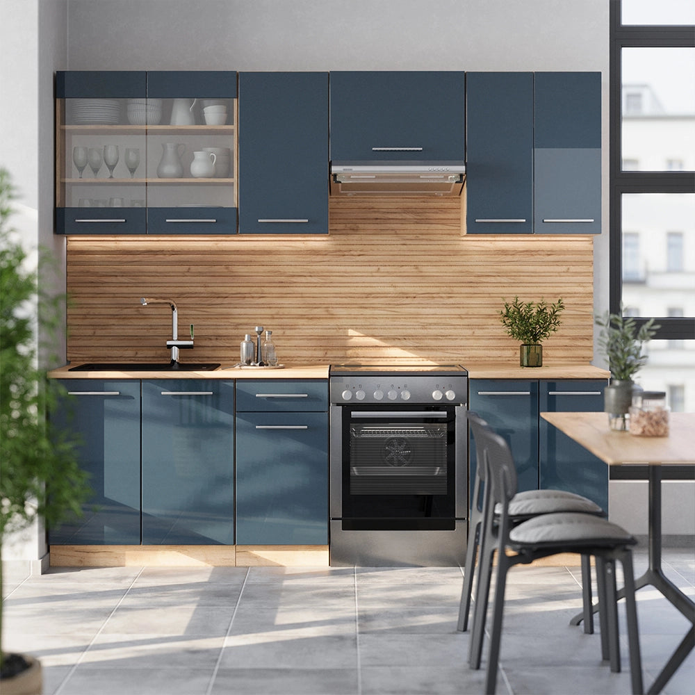 Cucina componibile Fame-Line Blu scuro lucido/Rovere dorato 240 cm, PL Marmo Vicco