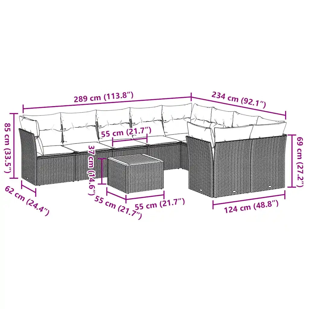 Set Divani da Giardino 10 pz con Cuscini Grigio in Polyrattan 3256152