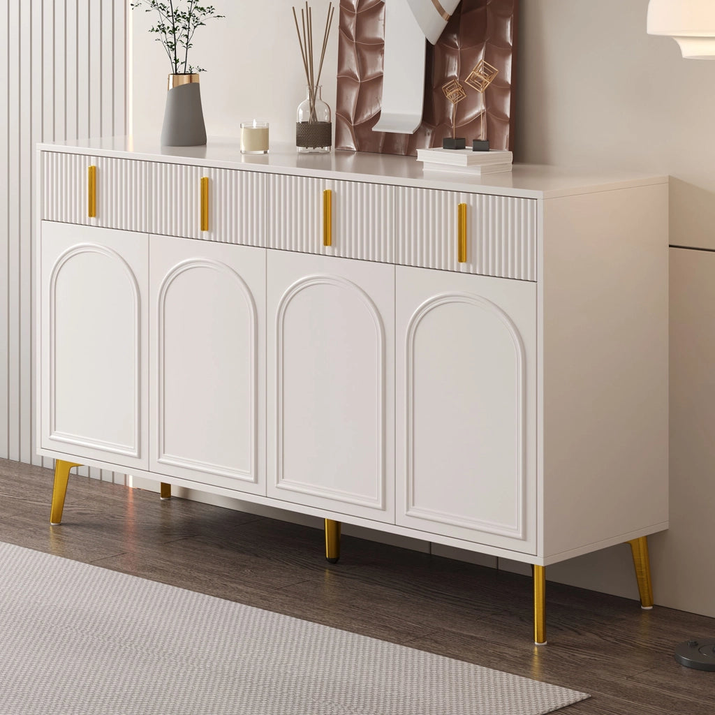 Sideboard moderno bianco 140 cm con 4 cassetti, 4 ante, ripiani regolabili e dettagli oro