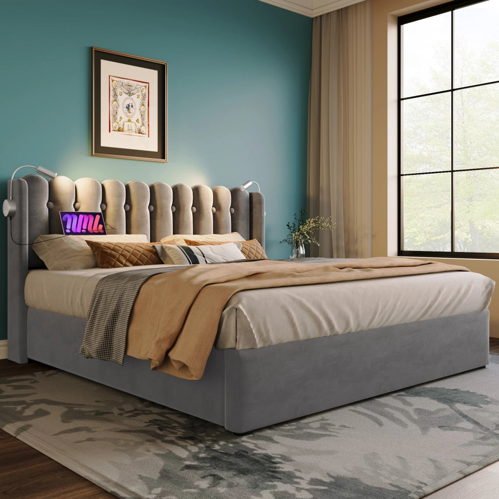 LETTO Contenitore 160x200 cm Velluto Grigio con USB e luce da lettura