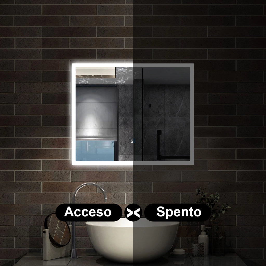 specchio rettangolare 60x50 cm con luce led, antiappannamento e touch