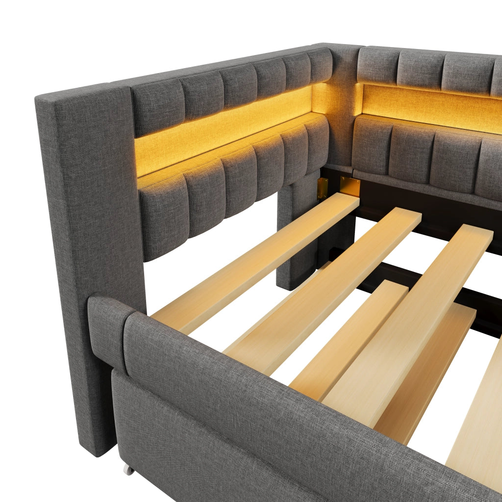 LETTO estraibile 90x200 cm in lino grigio, con LED e USB + Type-C