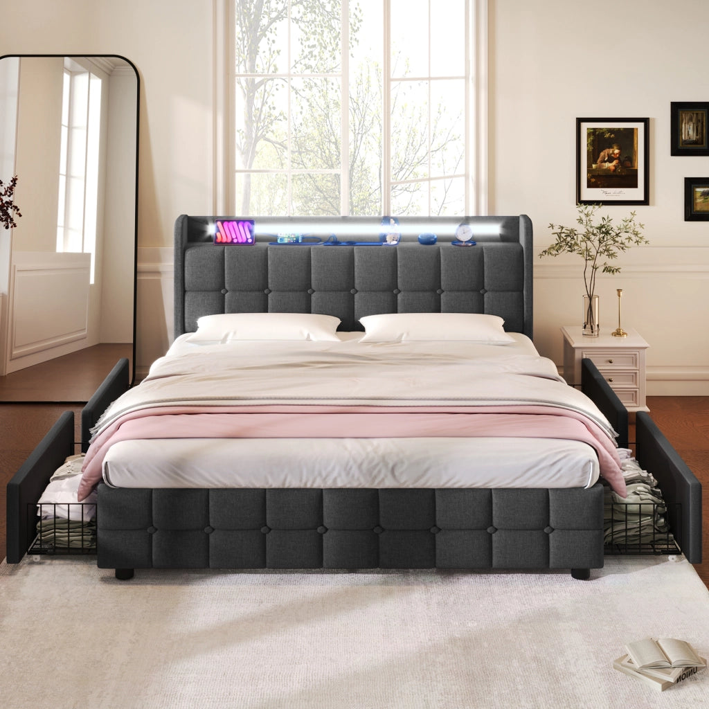 LETTO imbottito 180x200 cm grigio con USB, prese, LED e 4 cassetti