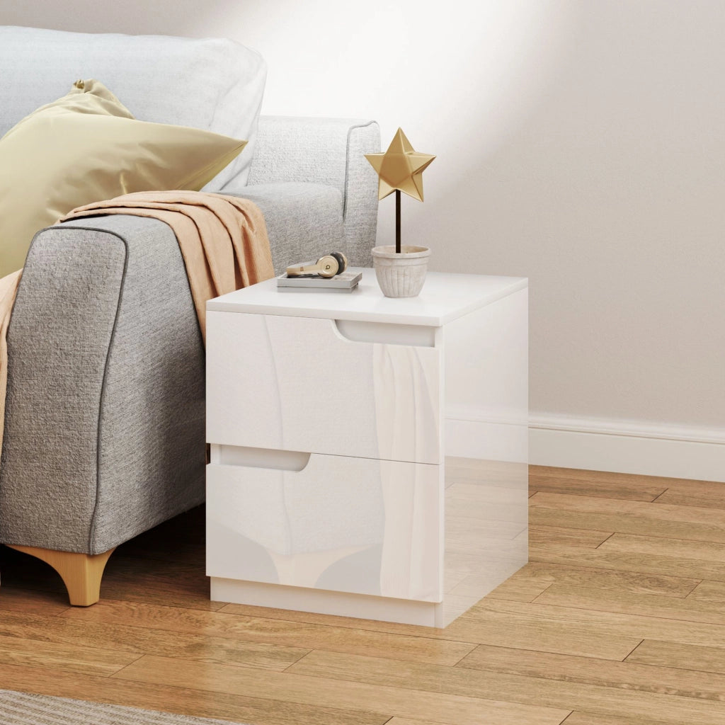Comodino Moderno in Legno con 2 Cassetti e Design Lucido, 40x40x48 cm, Bianco
