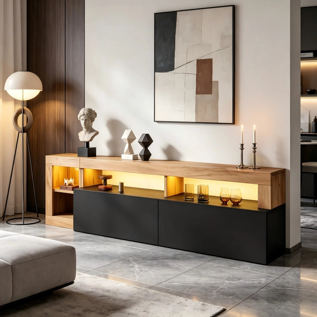 Cassettiera TV nera in truciolare lunga 184 cm