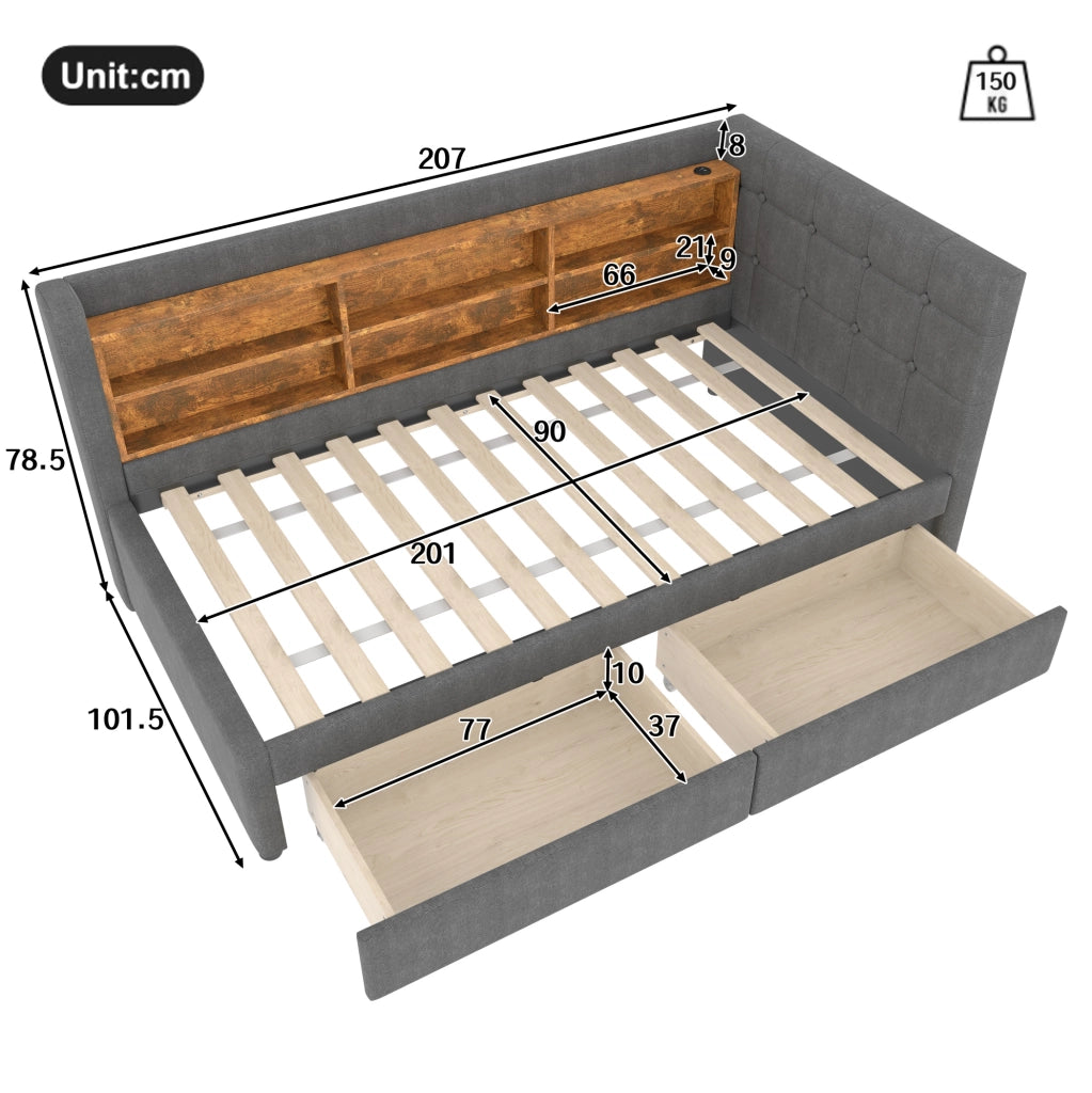 Letto singolo 90x200 cm con 2 cassetti, USB e USB-C, rete a doghe, grigio