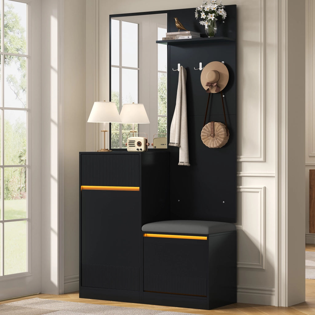 ARMADIO INGRESSO con scarpiera, specchio e LED 105x38x190 cm Nero