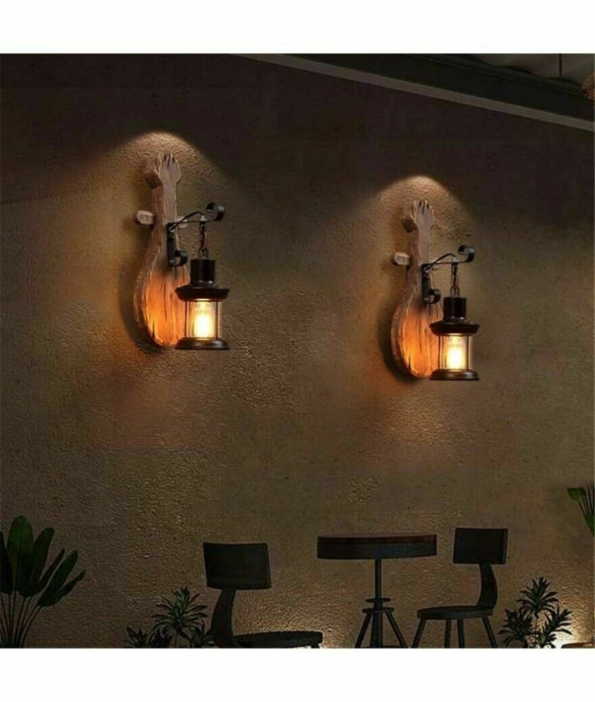 APPLIQUE LAMPADA DA PARETE A MURO PER INTERNO E27 LANTERNA RETRO VINTAGE LEGNO