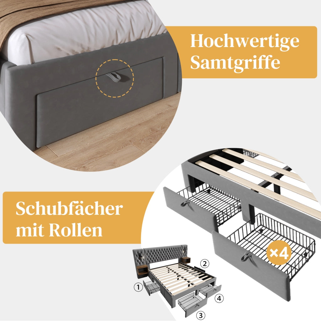 LETTO Contenitore 160x200 cm in velluto grigio con 2 comodini, 4 cassetti e ricarica USB/Type C