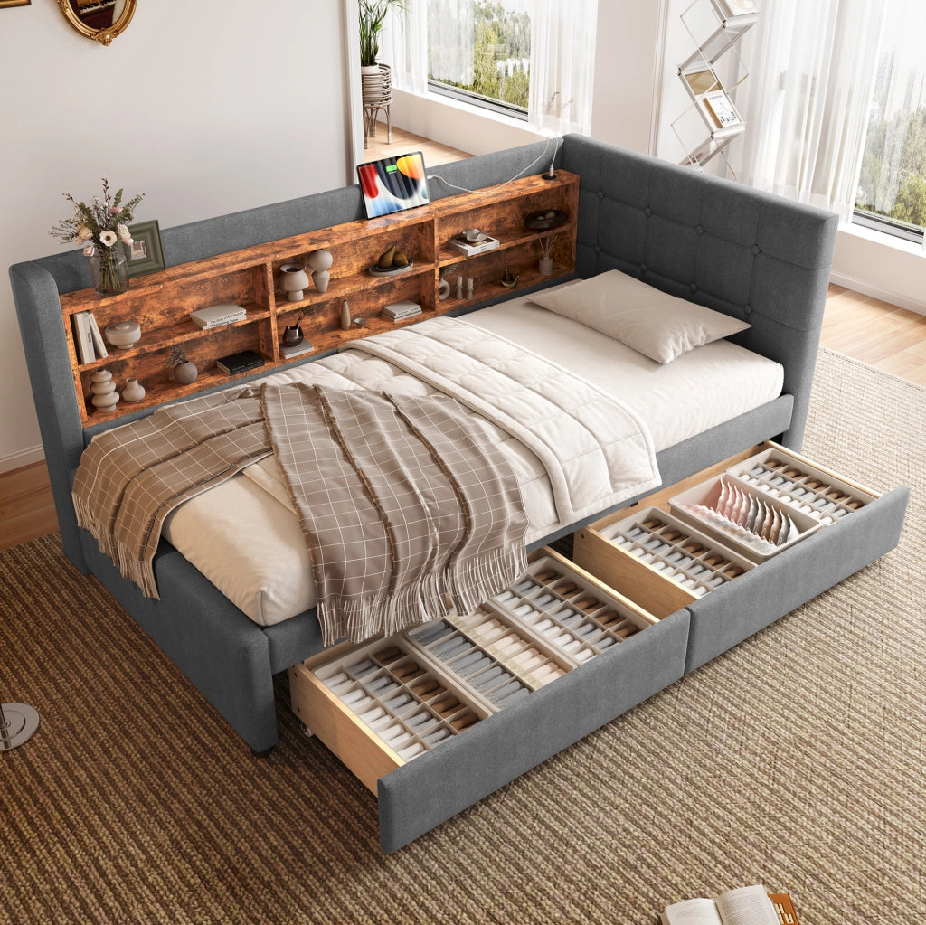 Letto singolo 90x200 cm con 2 cassetti, USB e USB-C, rete a doghe, grigio