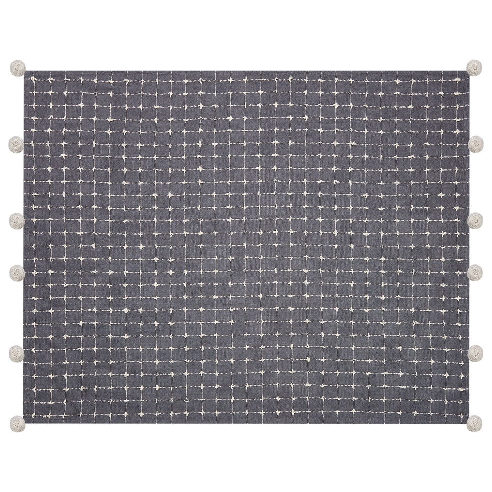 Coperta in cotone grigio con pompon 125 x 150  stile boho soggiorno camera da letto accessorio divano