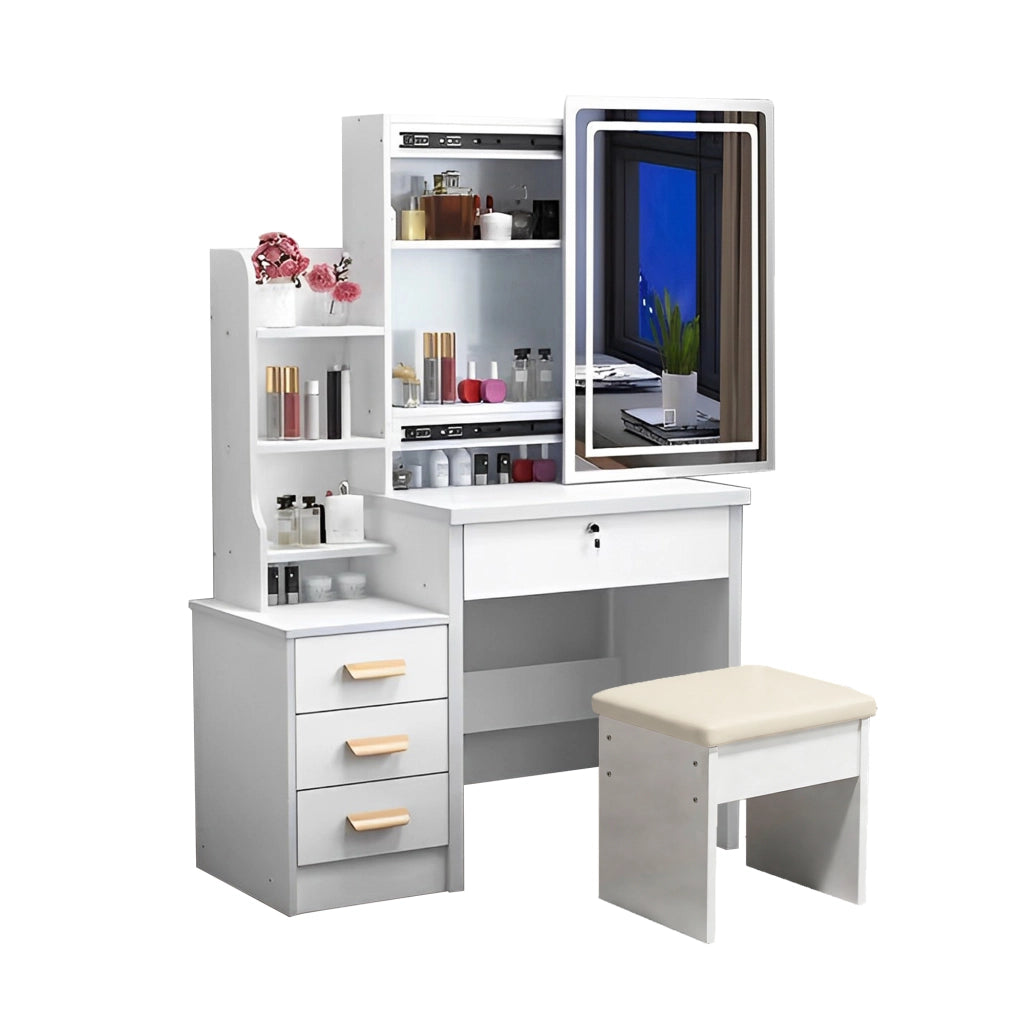 Tavolo Trucco con Specchio Illuminato e Sgabello, 4 Cassetti, Luce 3 Colori ¨C MINIMAL ¨C Bianco 85x130x36cm