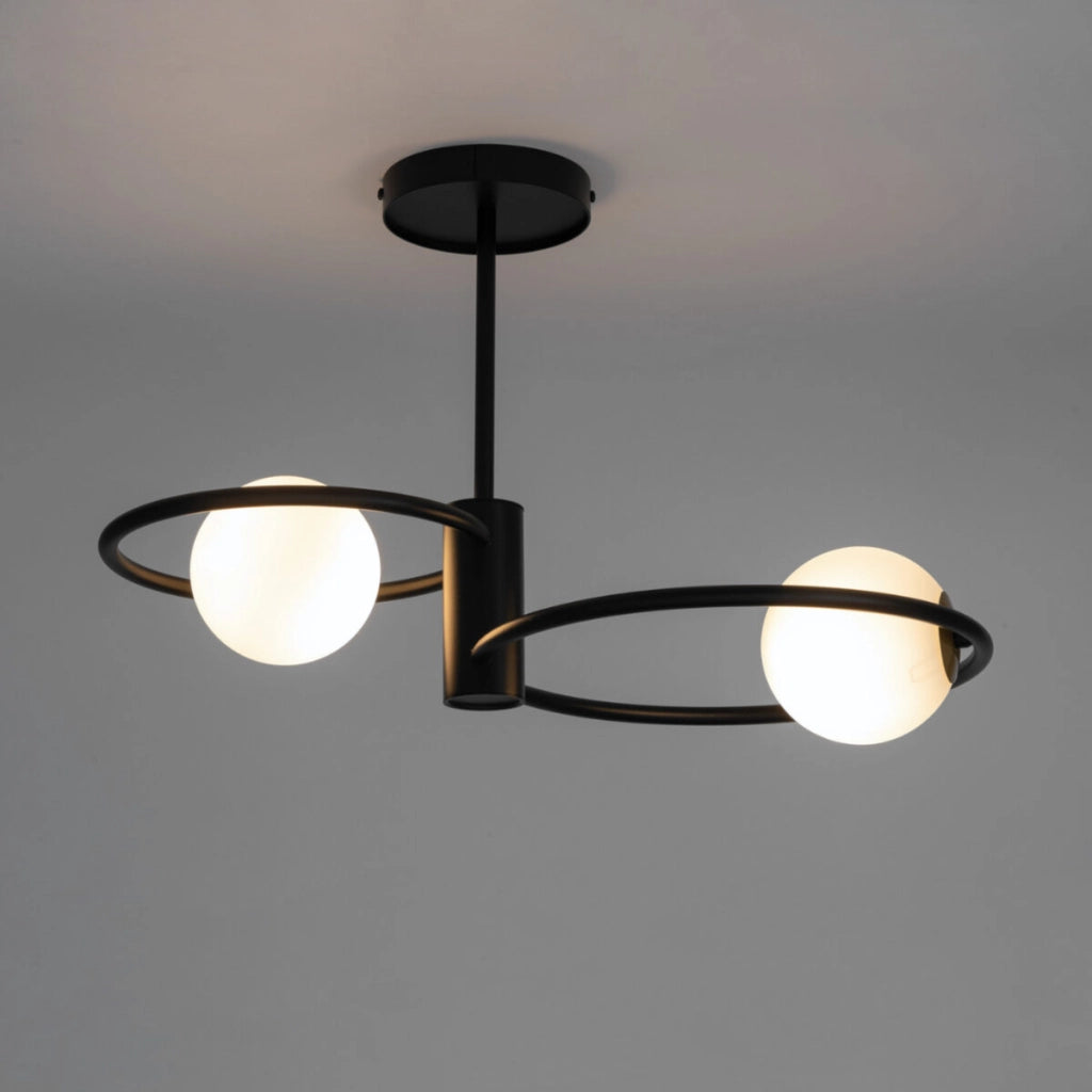 Plafoniera Sigma Aqua nera, 2 sfere vetro, anelli 2xG9