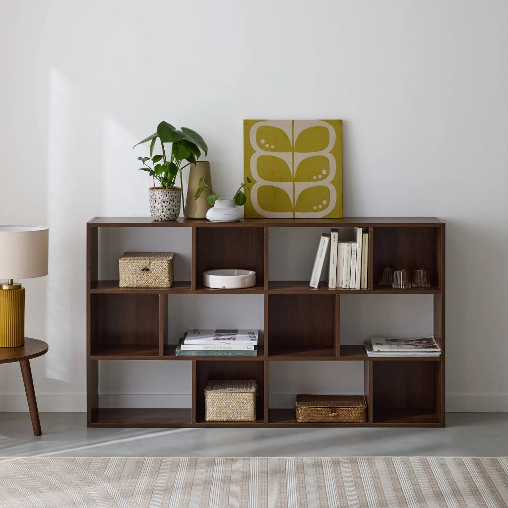 Libreria a 3 livelli con 12 scomparti, noce