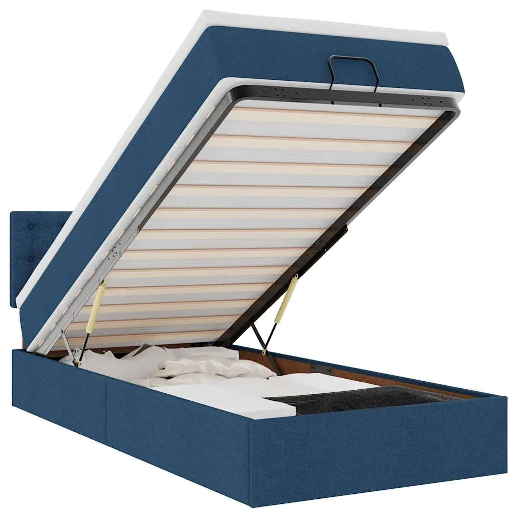 Pouf Letto con Materasso e LED Blu 90x200 cm in Tessuto
