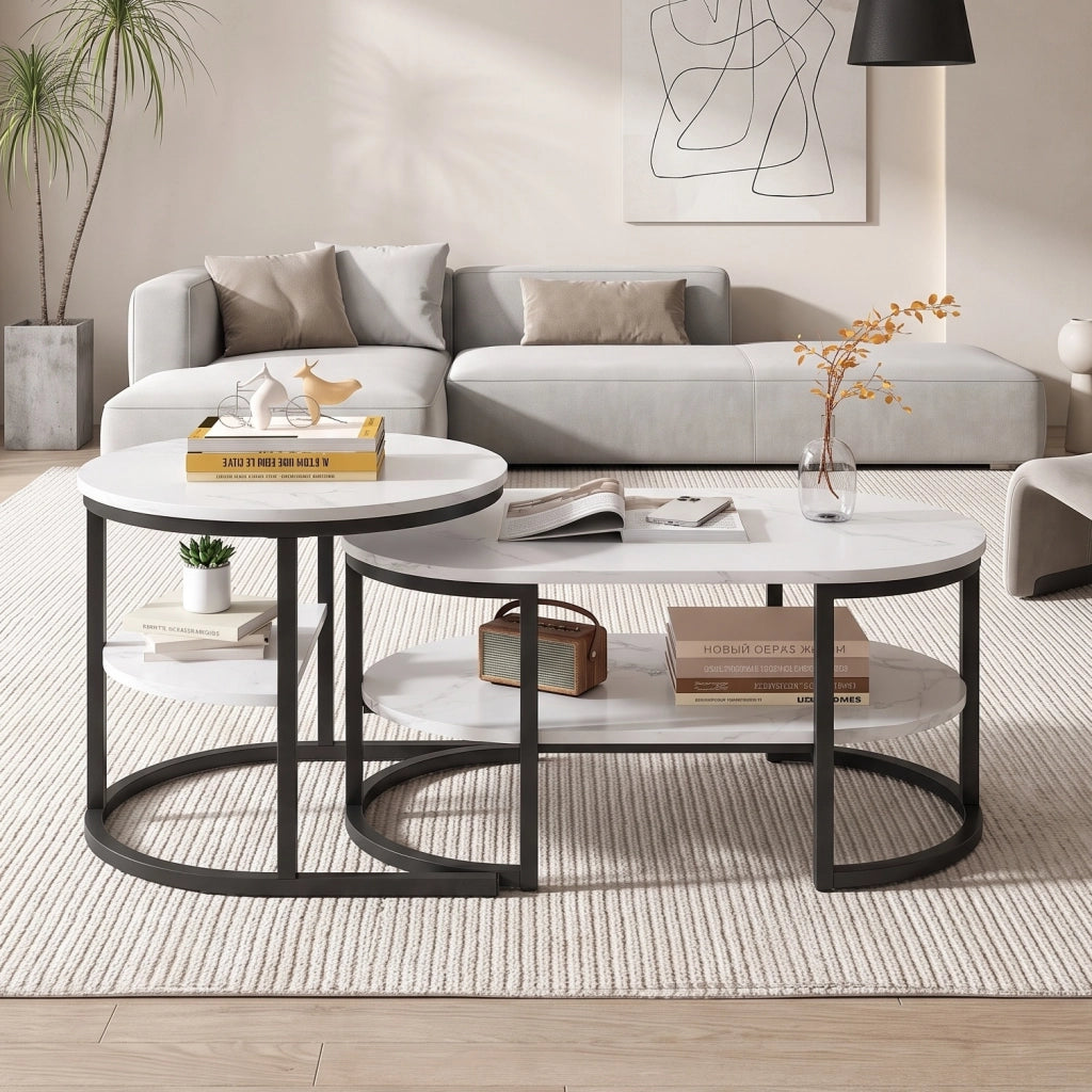 Tavolini da salotto set 2 pezzi con contenitore tavolino pieghevole da divano soggiorno effetto marmo metallo - nero