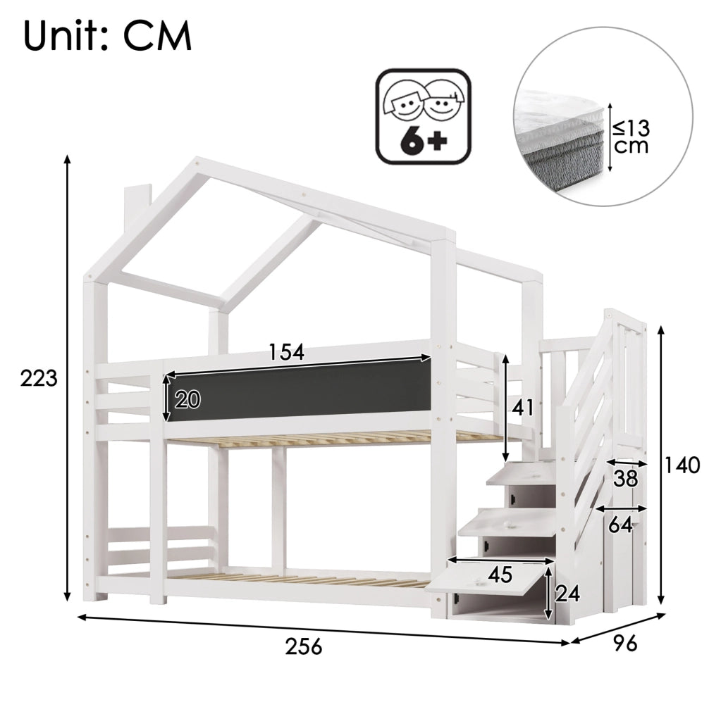 Letto a castello a casetta 90x200 cm con scala contenitore e lavagna