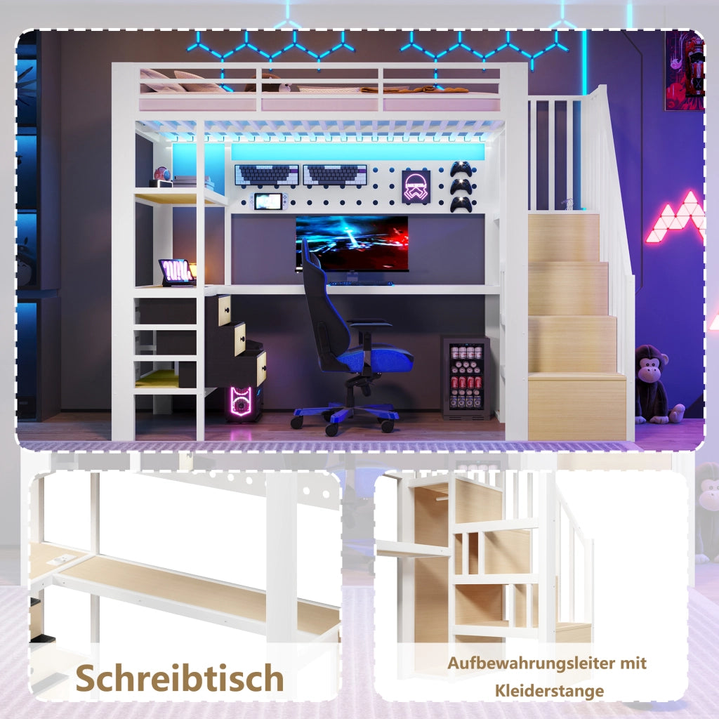 LETTO a Soppalco 90x200 cm in Metallo e MDF Bianco con Scrivania e LED