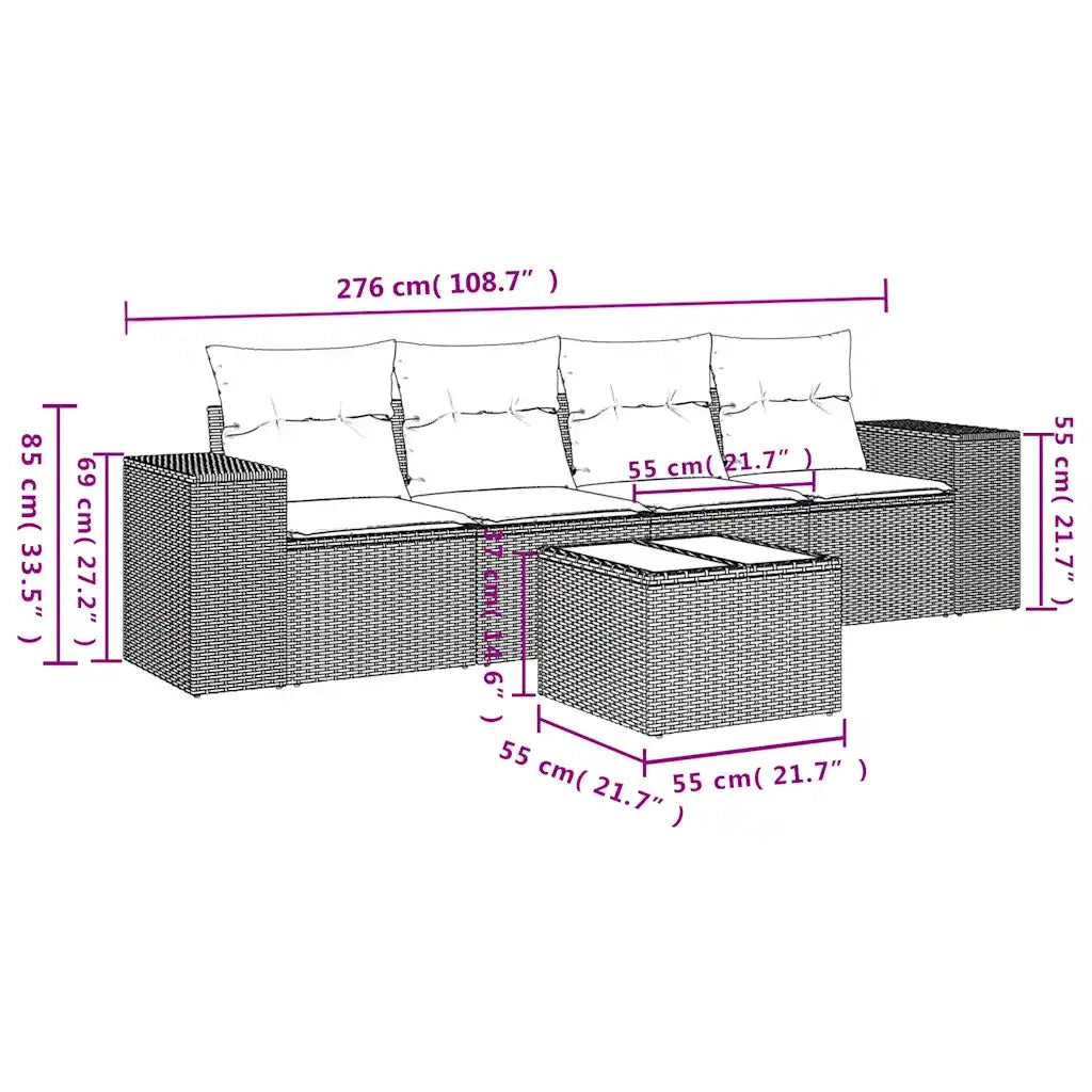 Set Divano da Giardino 5 pz con Cuscini Marrone in Polyrattan 3222292