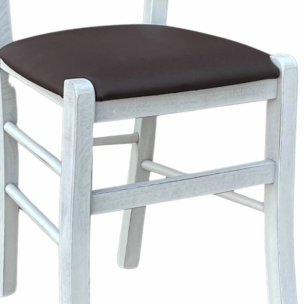 Sedia in legno venezia anticata bianca con seduta similpelle color marrone