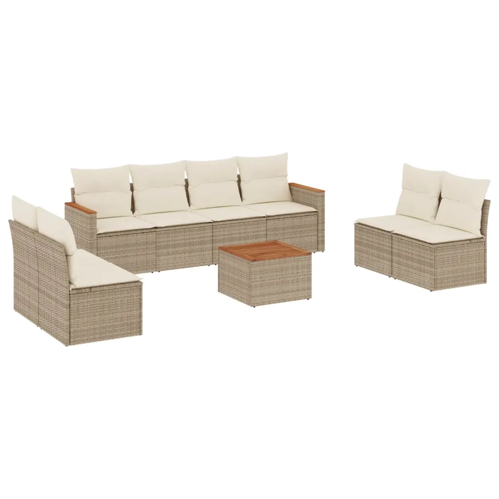 Set Divano da Giardino 9 pz con Cuscini Beige in Polyrattan