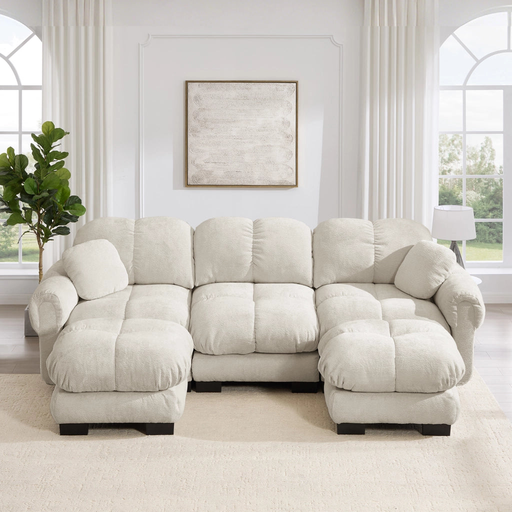 Divano angolare convertibile 3 posti con pouf mobile e cuscino, in Chenille, Beige chiaro