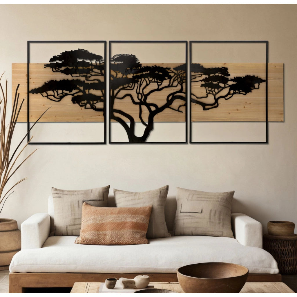 Pannello da muro Lagos in ferro e legno, set 3 pezzi 204x80 cm