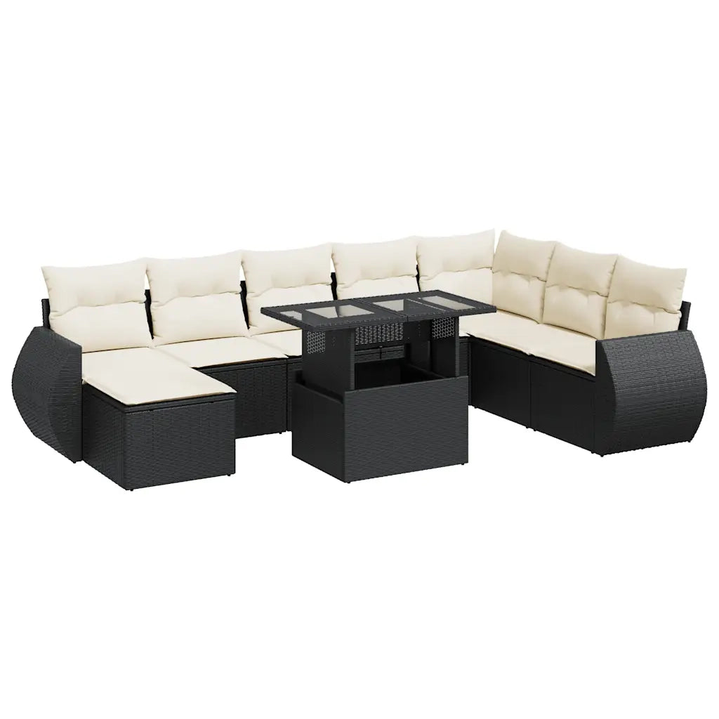 Set Divani da Giardino 9 pz con Cuscini Nero in Polyrattan 3326687