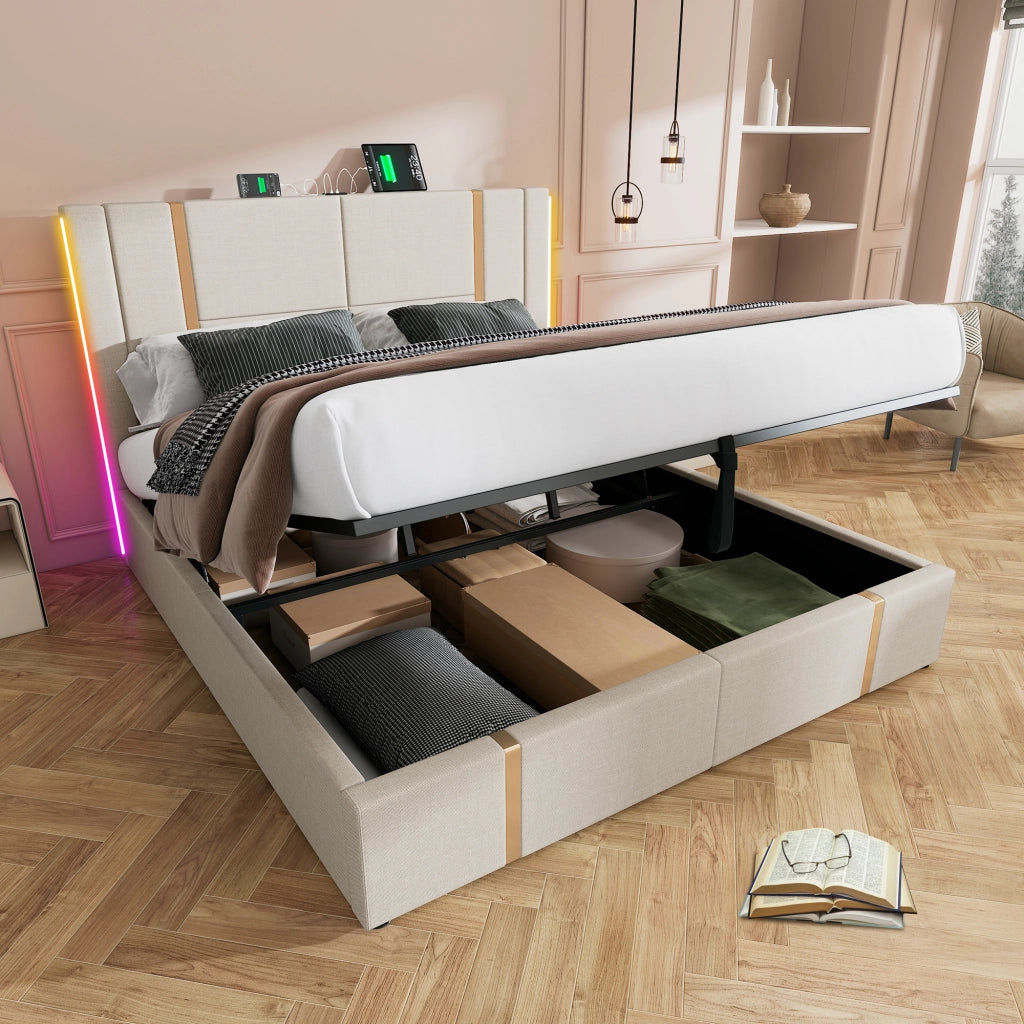 LETTO matrimoniale imbottito 140x200 cm Beige in lino con LED e USB Type-C