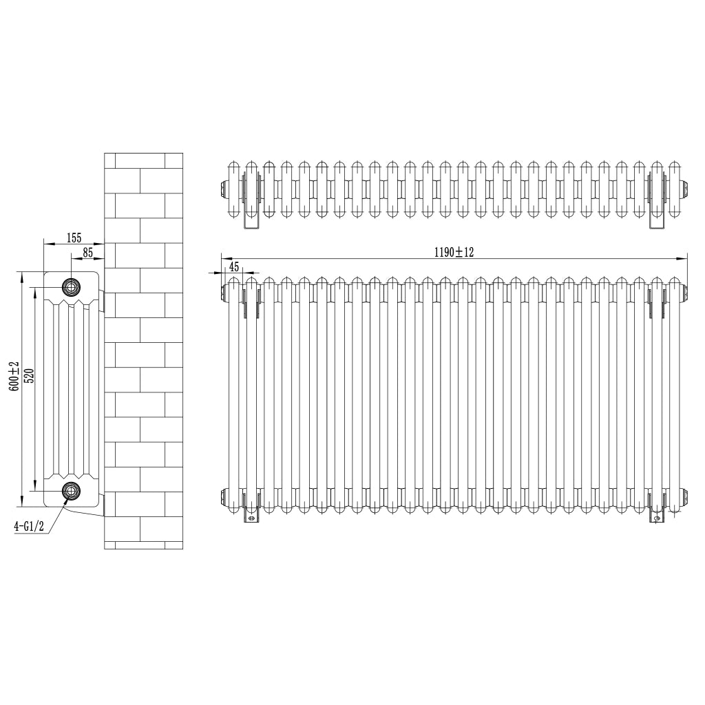 Radiatore Tradizionale 4 Colonne Orizzontale Riscaldamento Antracite & Valvole 600x1190 mm