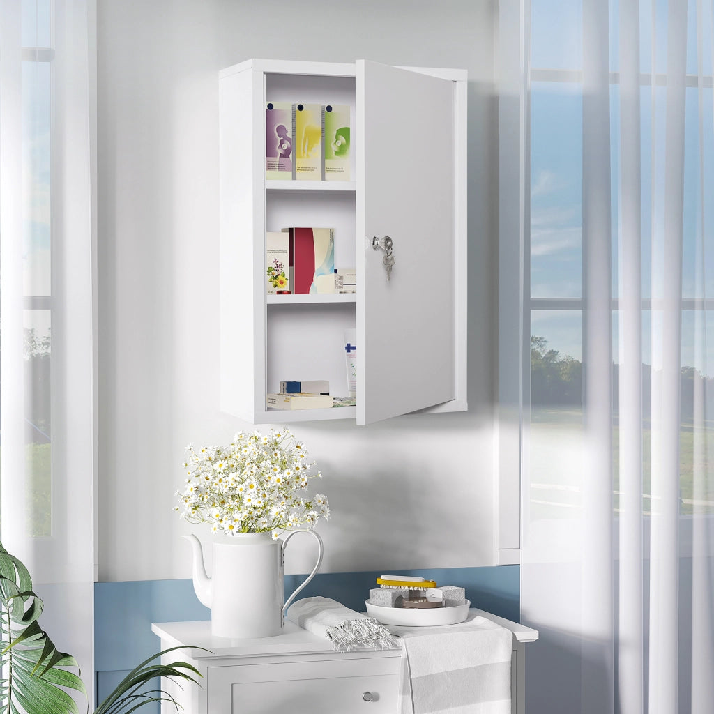Armadietto da bagno con serratura e 2 chiavi, 2 ripiani, da parete, in acciaio, bianco, 40 × 18 × 60 cm