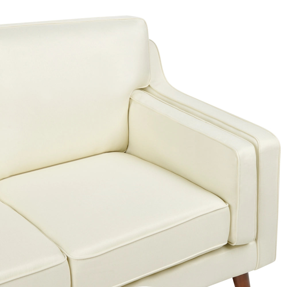 Divano moderno a 2 posti imbottito in tessuto bianco sporco e gambe in legno stile classico e moderno