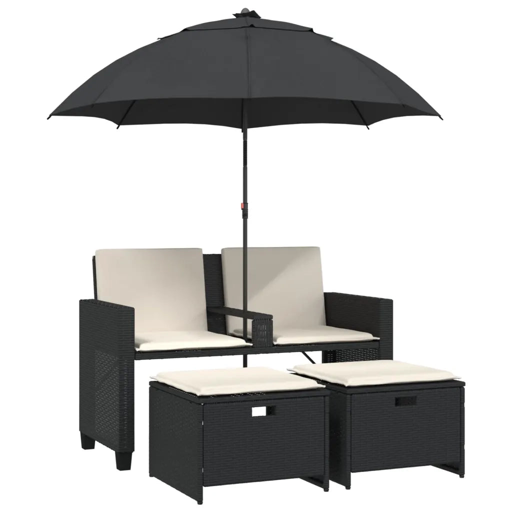 Divano Giardino 2 Posti Ombrellone e Sgabelli Nero Polyrattan 365882