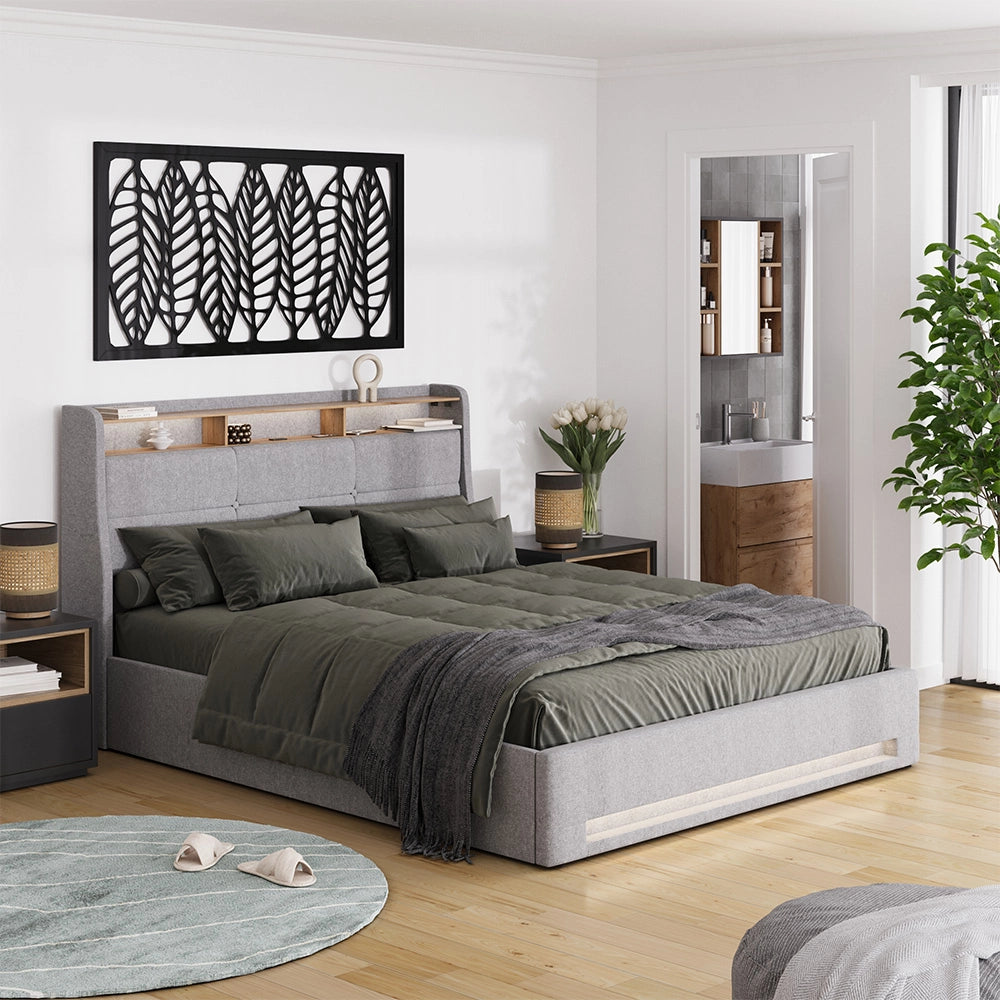 Vitalispa Letto imbottito Grigio/quercia 160x200 con LED e porta USB