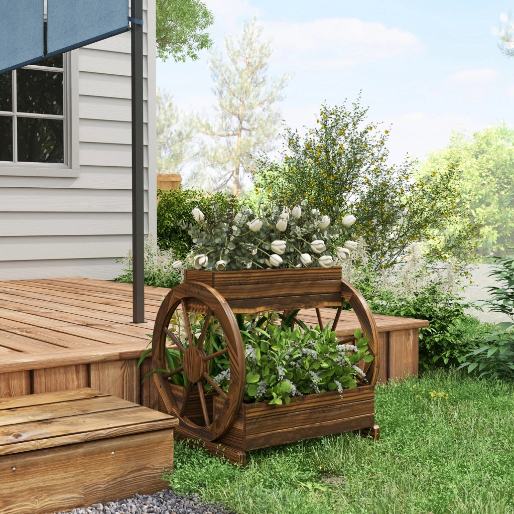 Fioriera a 2 livelli con 3 vasi e ruote in legno per esterno ¨C Zephmum ¨C 64x54x60 cm