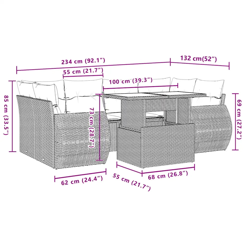 Set Divani da Giardino 7 pz con Cuscini Marrone in Polyrattan 3268393