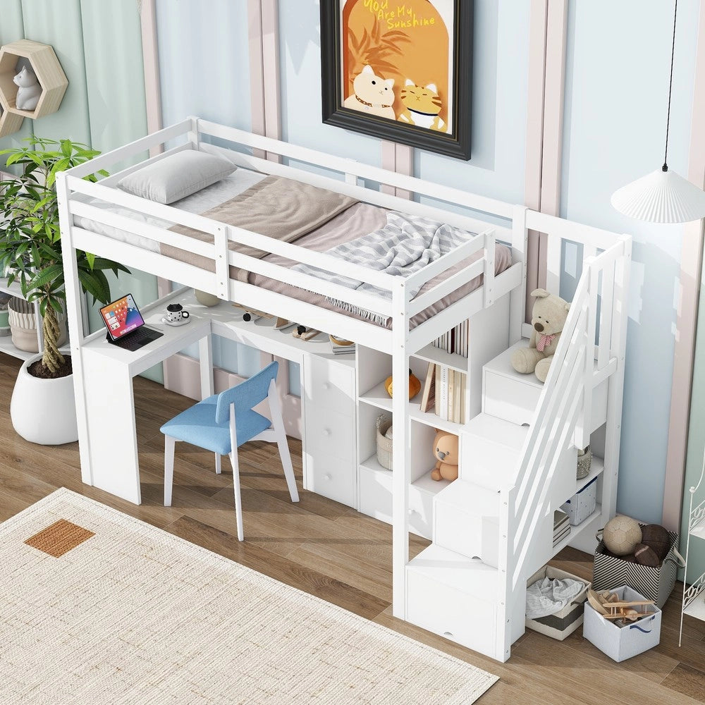 Letto a Soppalco con Scrivania e Cassetti ¨C MINIMAL ¨C Bianco 90x200