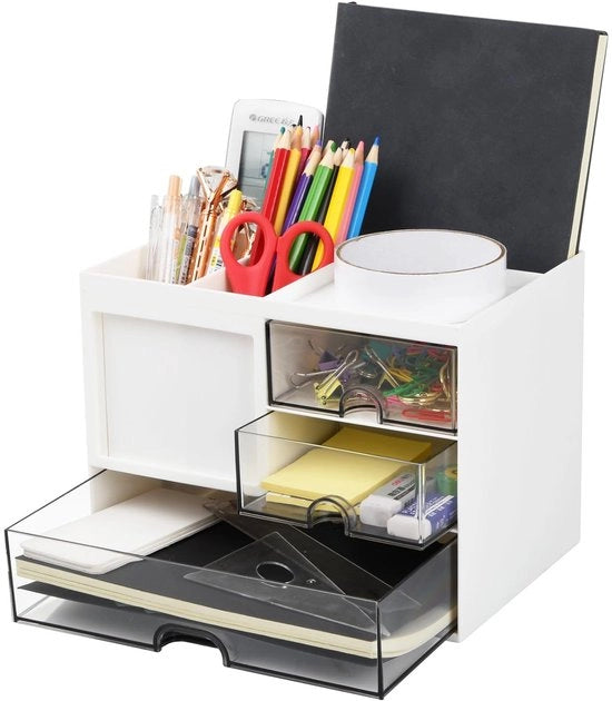Organizzatore per Ufficio - Penna con Lade - Raccoglitore con Scheda di Supporto - Bianco - 20,8 x 14,2 x 15,5 cm