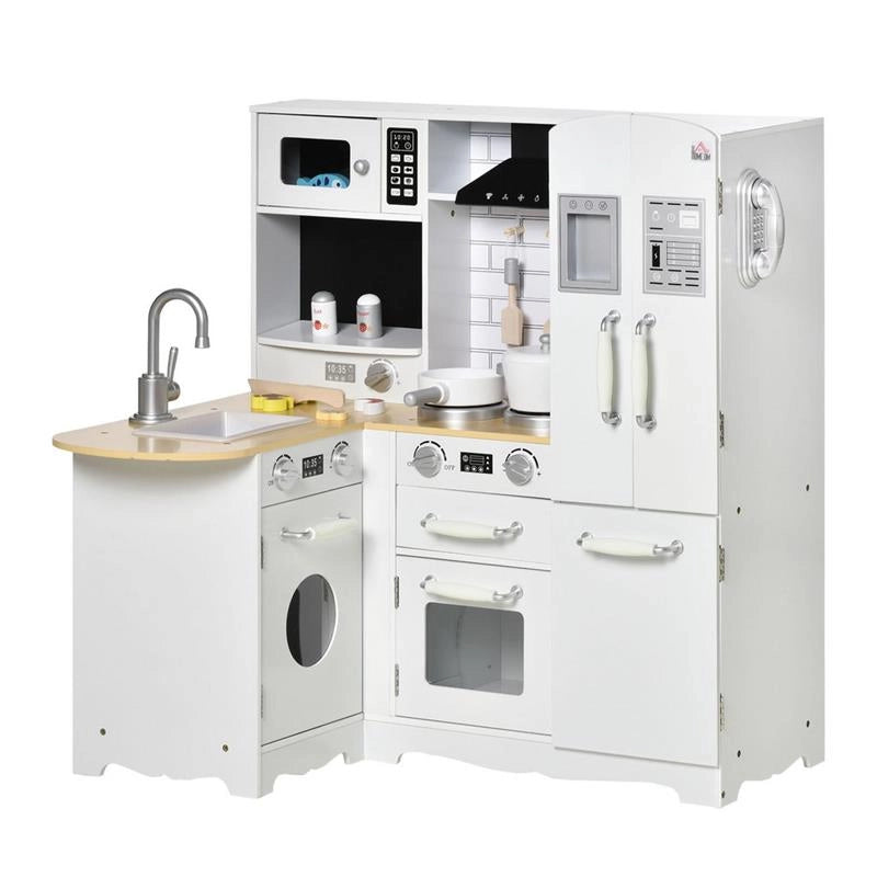 CUCINA GIOCATTOLO PER BAMBINI 3-6 ANNI IN LEGNO CON SUONI E 14 ACCESSORI BIANCA