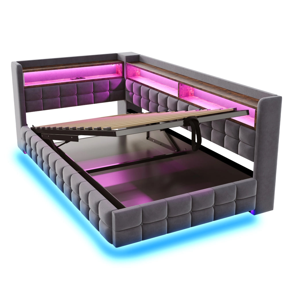 DIVANO LETTO 90x200 cm in velluto grigio con LED, prese USB e vano contenitore