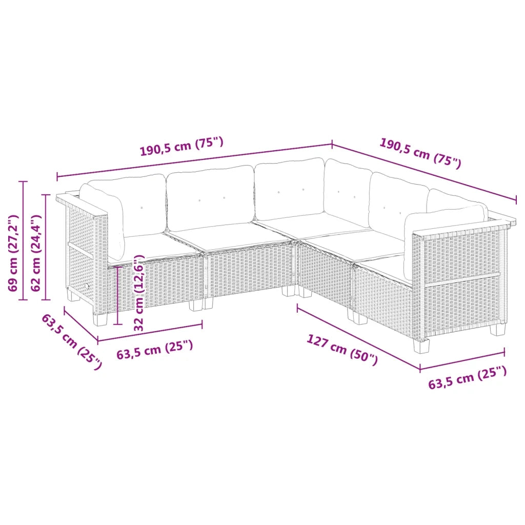Set Divani da Giardino 5 pz con Cuscini in Polyrattan Nero 3261821