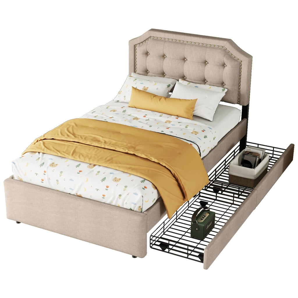Letto singolo a profilo basso 90x200cm con montanti decorativi e cassetti doppi in beige scuro