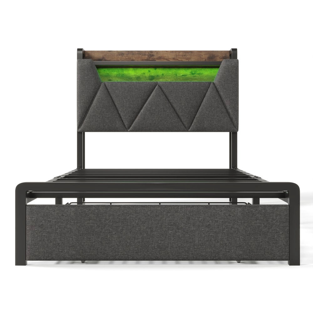 Letto Singolo Imbottito con Contenitore, LED e Cassetti ¨C MINIMAL ¨C Grigio 90x200