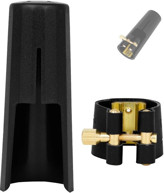 Ligatura in PU pelle - Bevacco per saxofono - Cappuccio in ottone - Frame in ottone - Assorbimento shock - Nero - Ligatura per saxofono con schermo in ottone