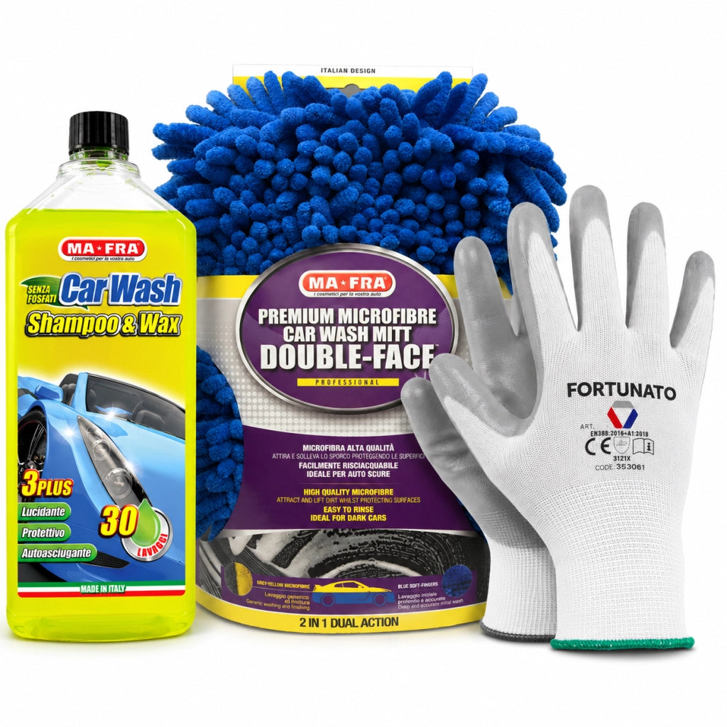 Kit lavaggio auto mafra con shampoo, guanto double face e guanti da lavoro