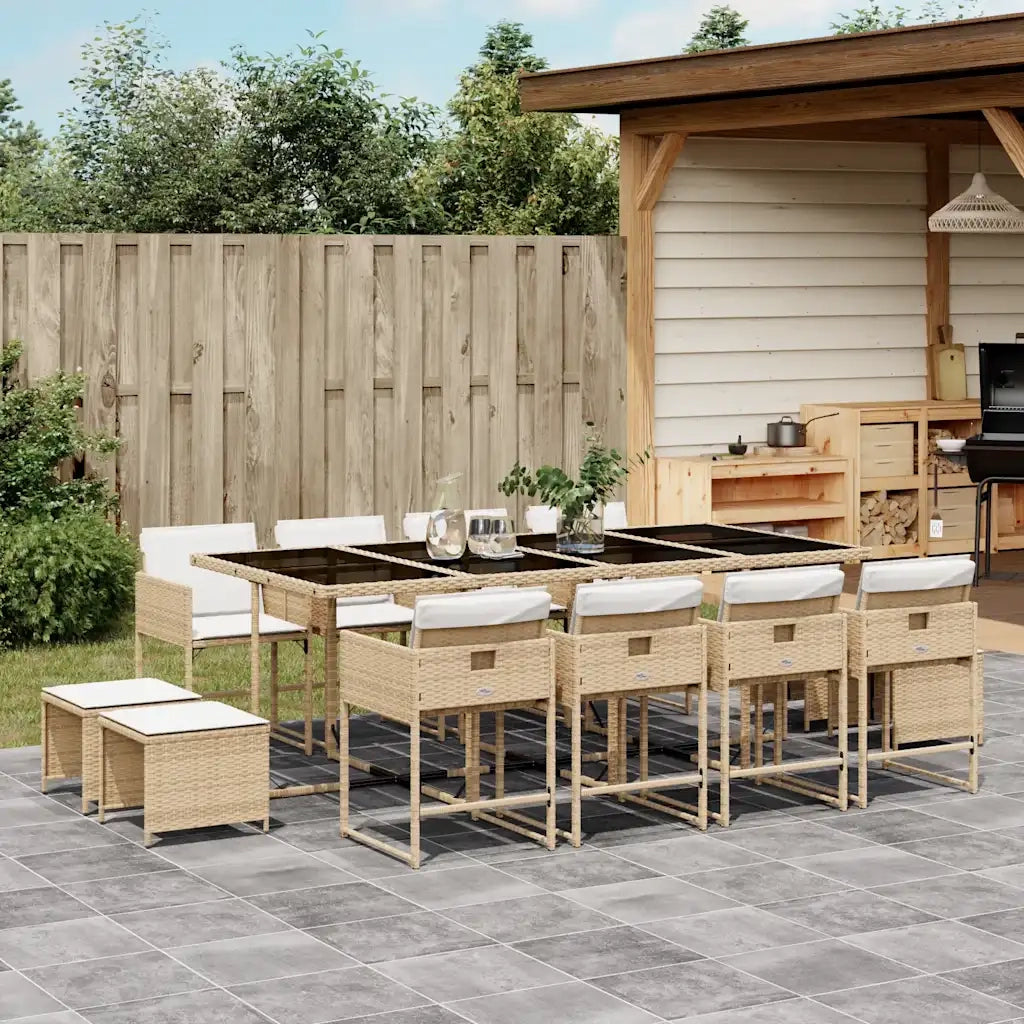 Set da Pranzo da Giardino 13 pz con Cuscini Beige in Polyrattan