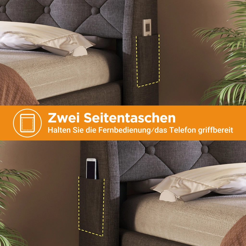 LETTO contenitore 90x200 cm in lino grigio con LED, USB e testiera con ripiano